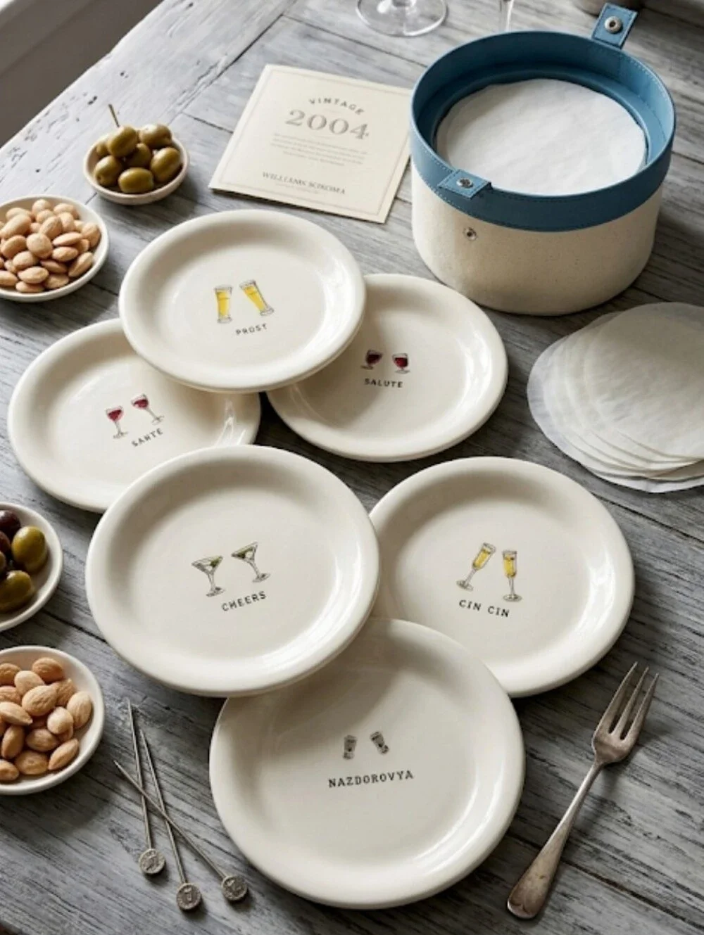 Williams Sonoma Cheers Appetizer Plates Set of 6 Multilingual Vintage 2004